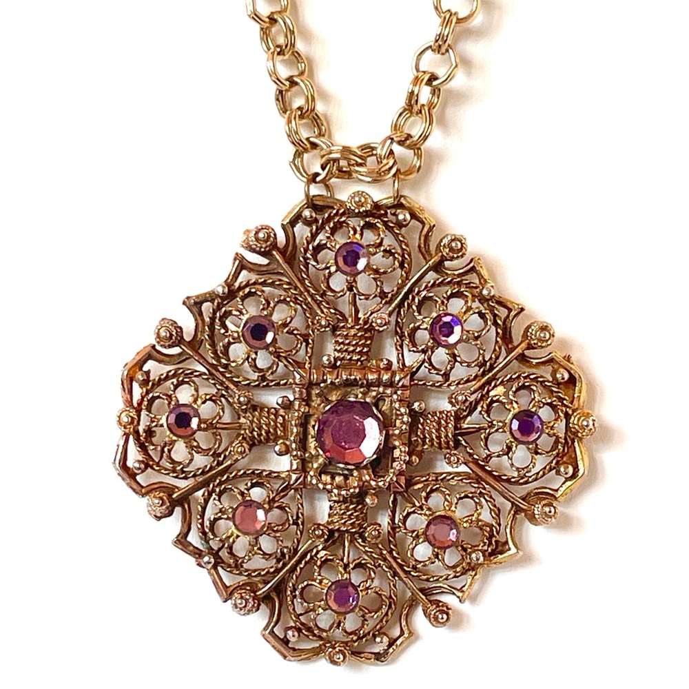 Art Nouveau Amethyst Openwork Filigree Statement Necklace Pendant Double Chain